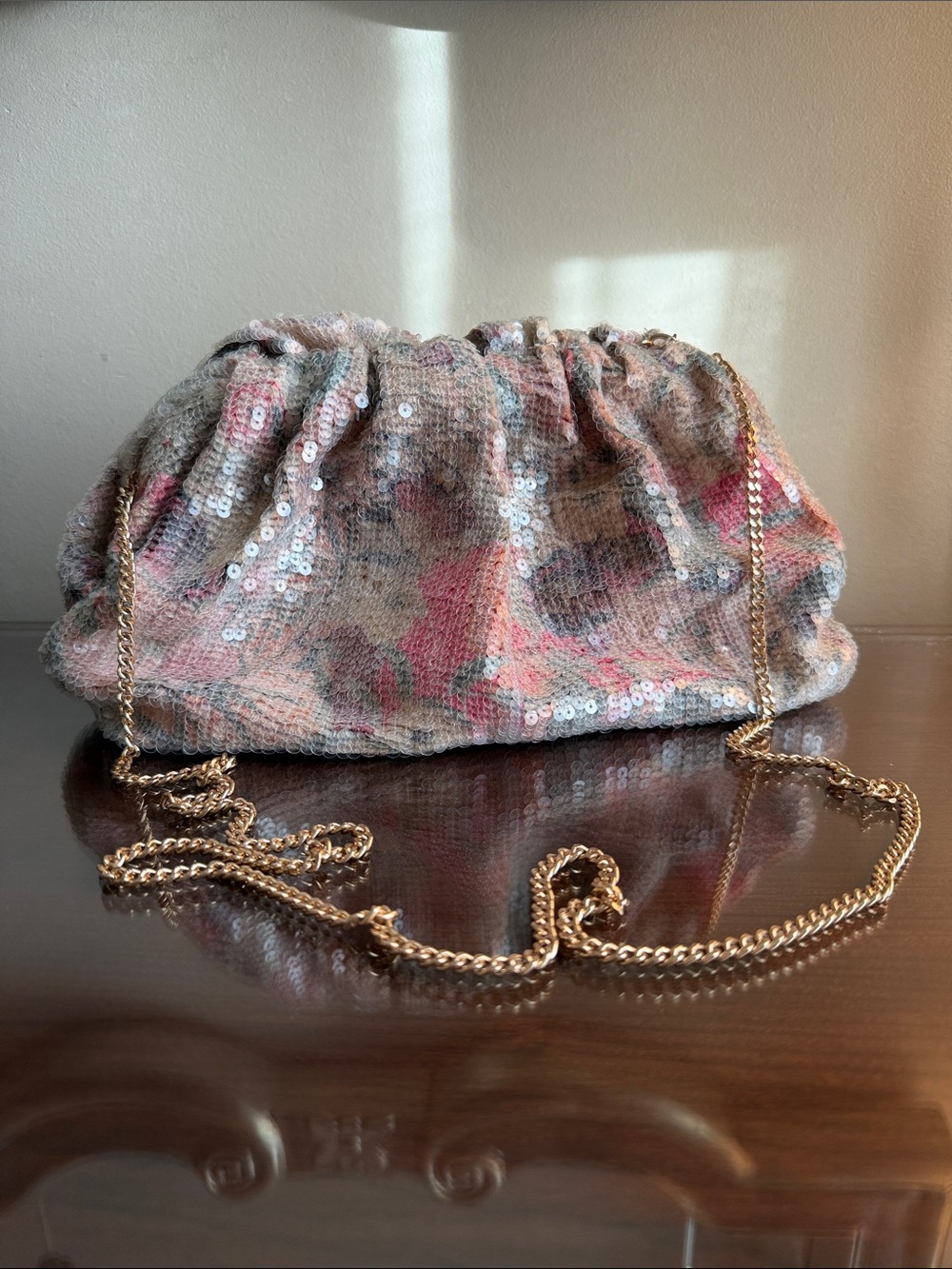 Anthropologie Sequin-Embellished Pink Multicolor Chain Shoulder Bag